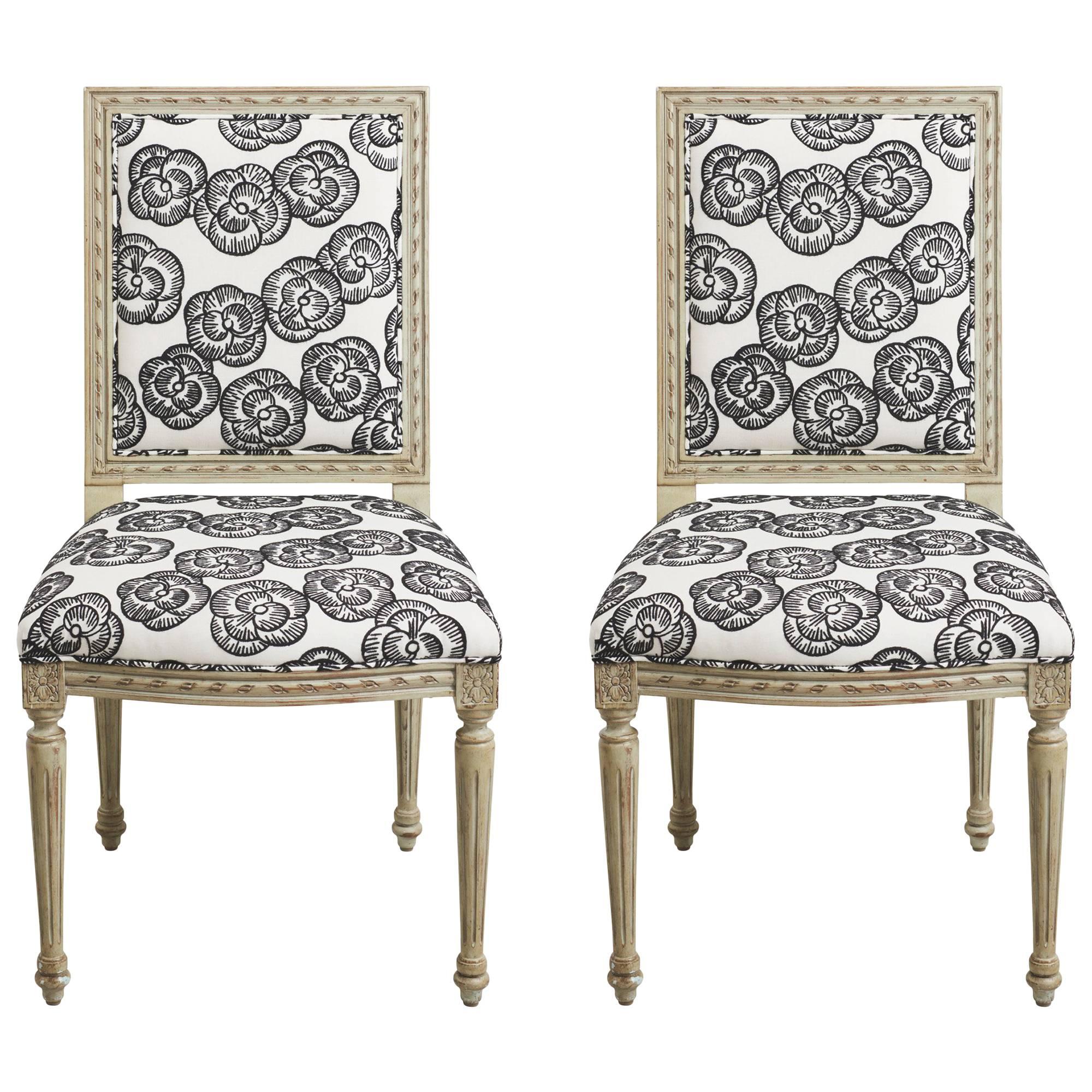 Schumacher Louis XVI Vogue Living Mona Blackwork Upholstered Side Chairs, Pair