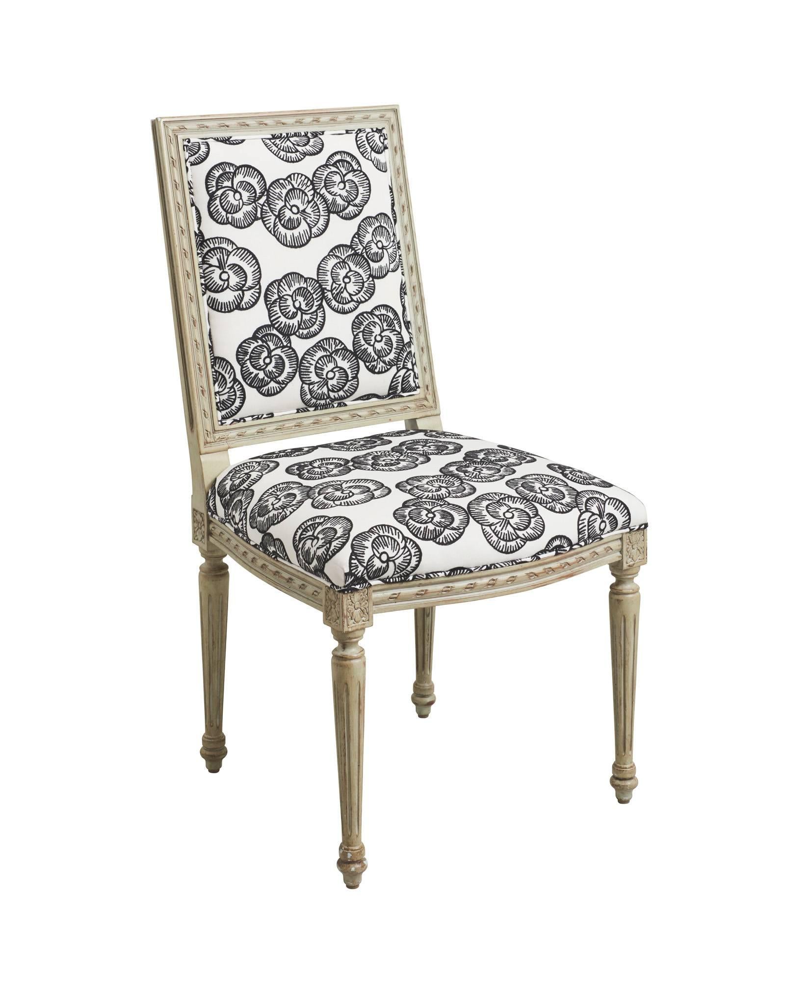 Embroidered Schumacher Louis XVI Vogue Living Mona Blackwork Upholstered Side Chairs, Pair