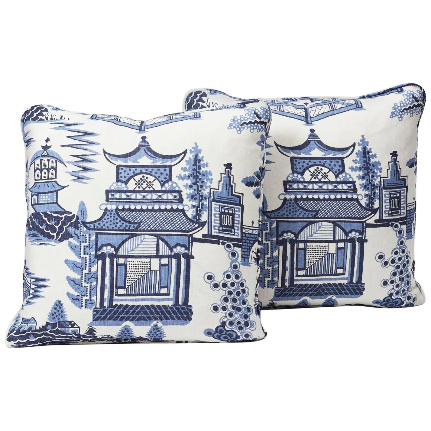 Based on an archival print, Nanjing is a modern take on Classic chinoiserie motifs, with stylized trees, pagodas and fretwork fences. Featured as a decorative accent, this Schumacher Classic pattern is sure to elevate and modernize any interior or