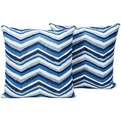 Schumacher Shasta Embroidery Chevron Striped Blue Two-Sided 18" Pillows, Pair