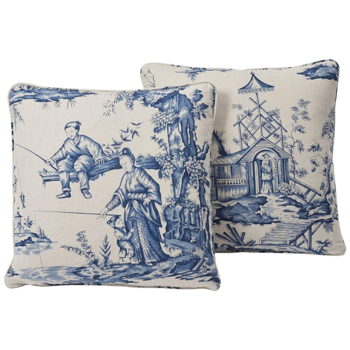 Contemporary Schumacher Shengyou Toile Indigo Blue Two-Sided 18