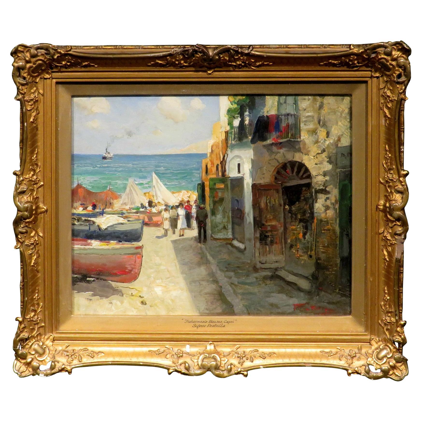 A very charming & finely executed impressionist harbour / coastal view titled 'Fishermans Houses, Capri' by noted 20th century Italian impressionist artist, Paolo Pratella (1892-1980).
Oil on wood panel, signed bottom right and set within its