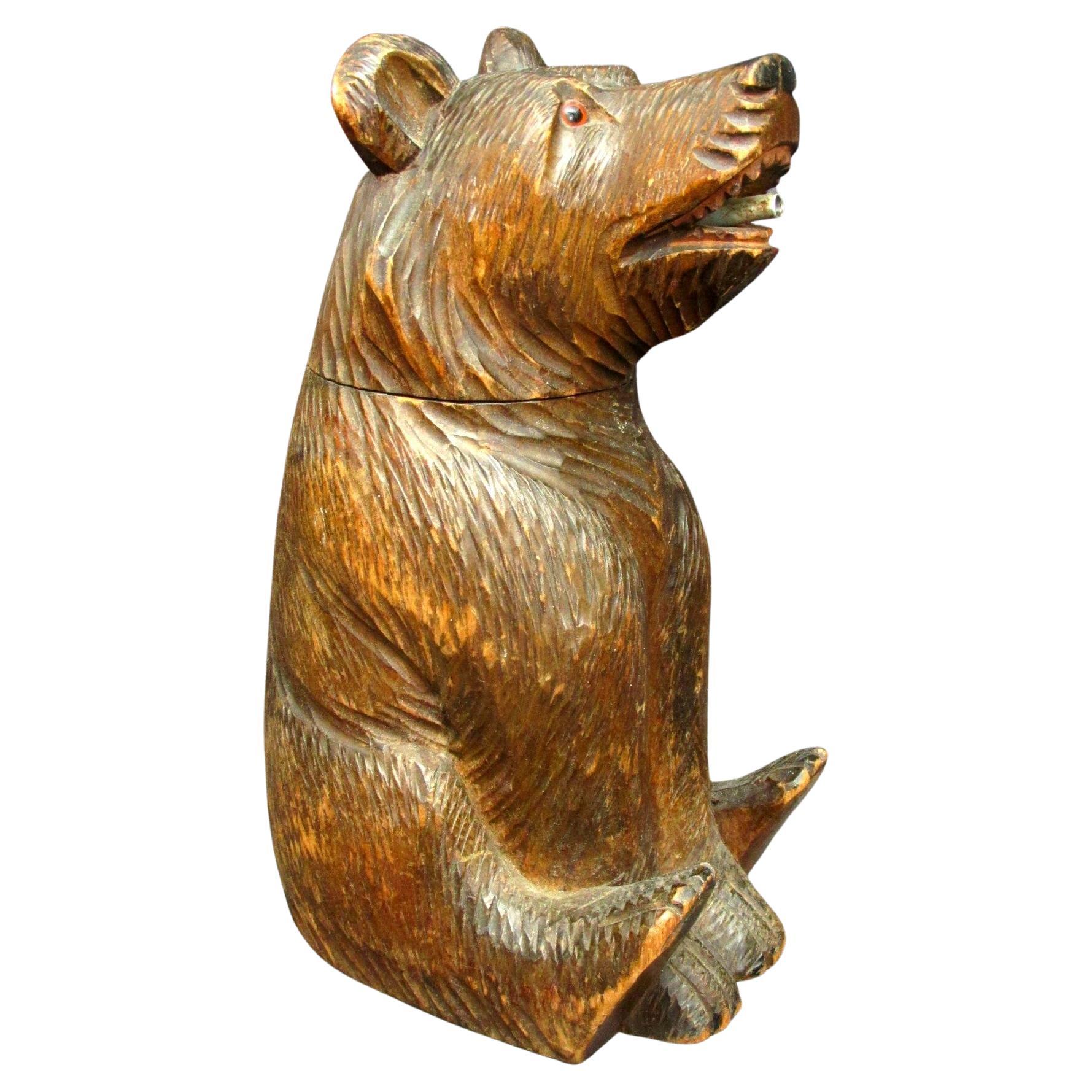 Hand Carved Black Forest Bear Spirit Decanter, Swiss, Circa 1920