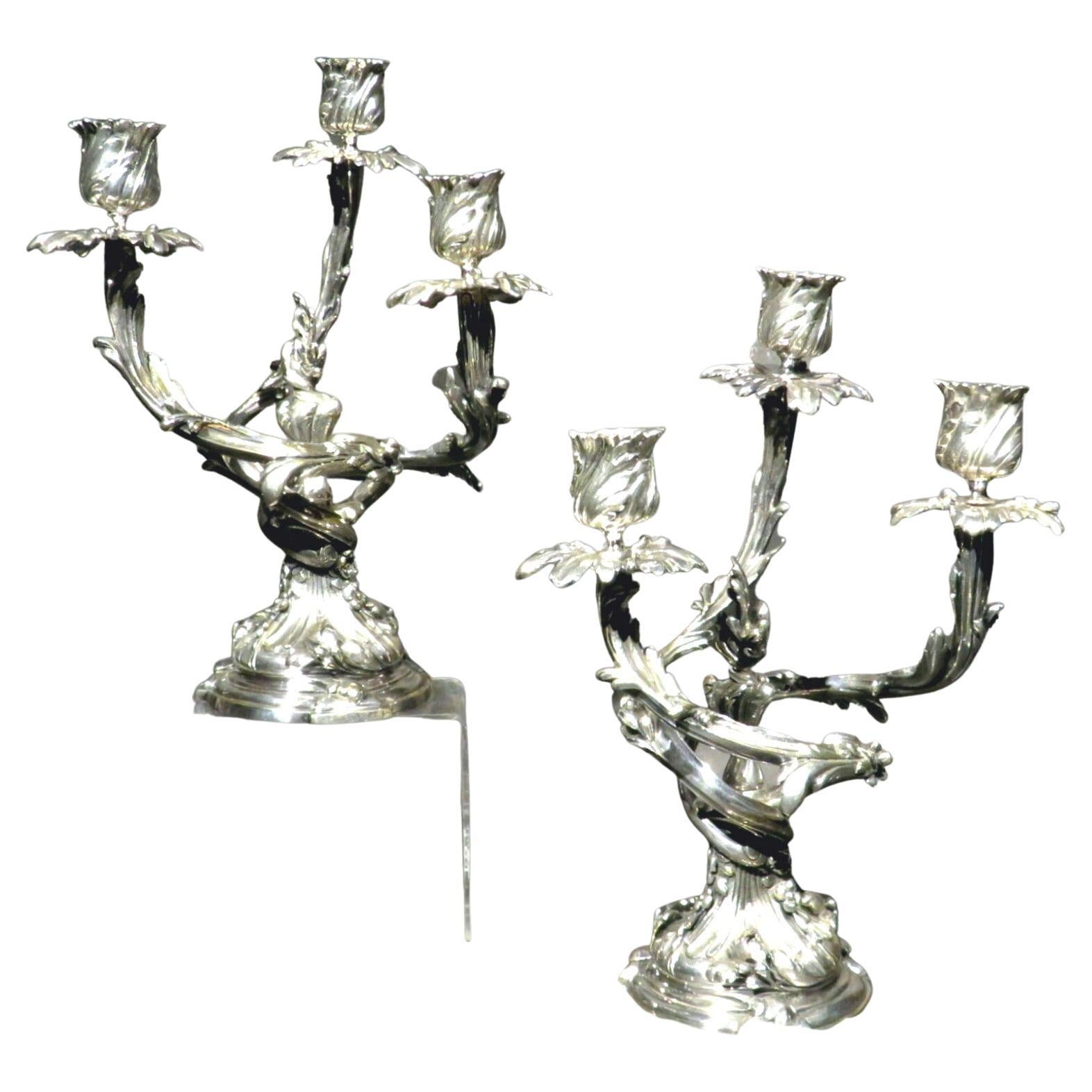 Very Good Pair of Louis XV Style Silvered Bronze Candelabra, France Circa 1870