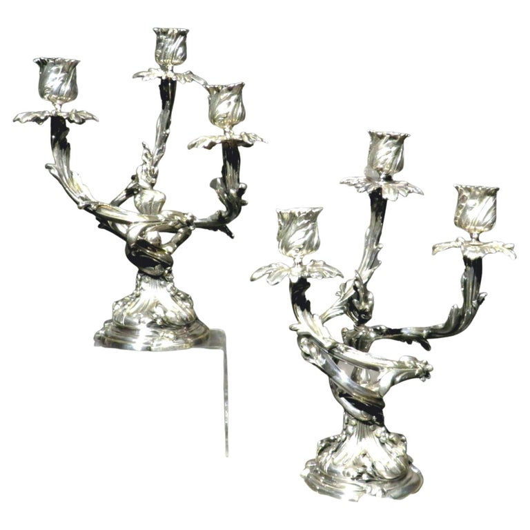 Very Good Pair of Louis XV Style Silvered Bronze Candelabra, France Circa 1870 For Sale