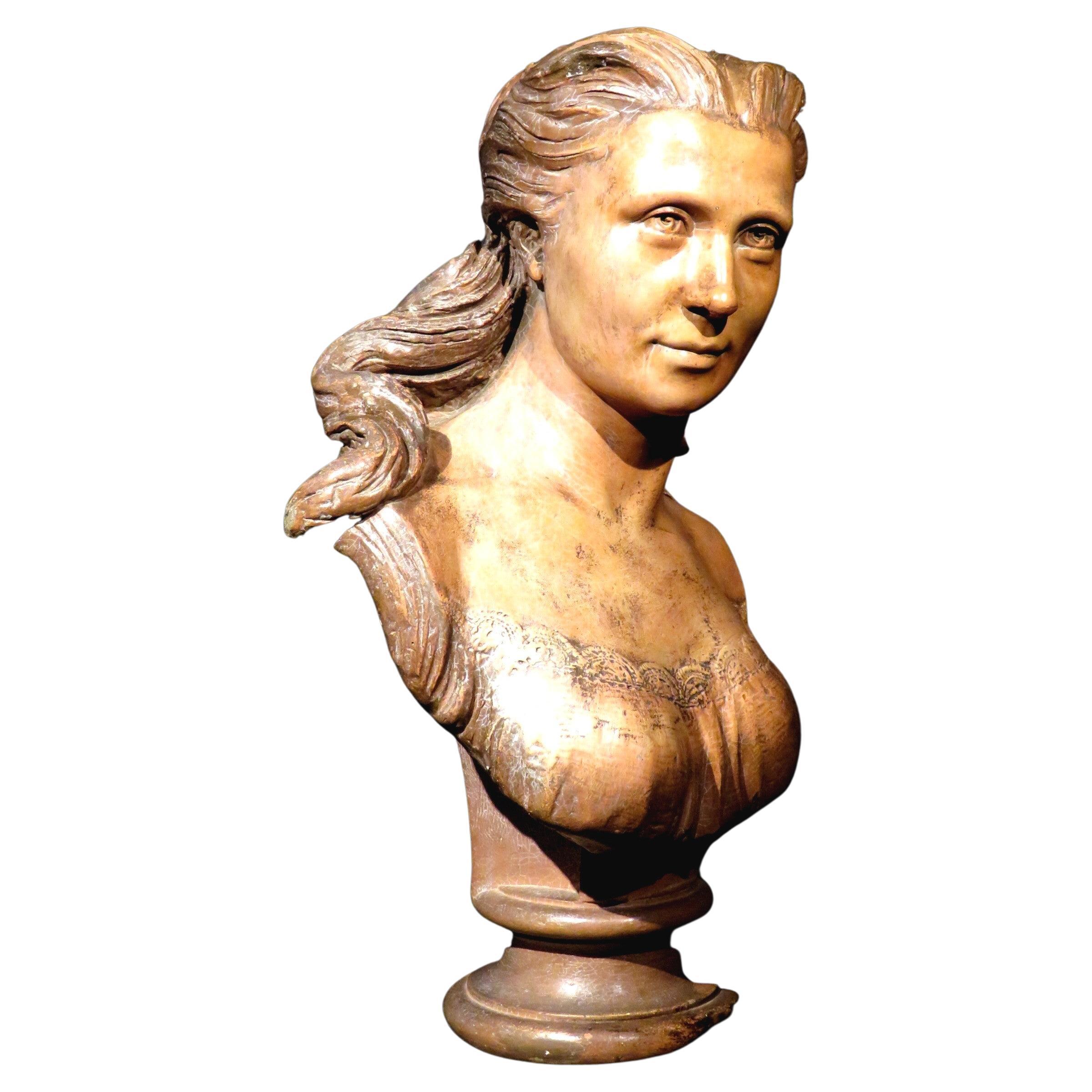 Baroque Revival Patinated Plaster Bust of a Woman, France circa 1870 For Sale 1