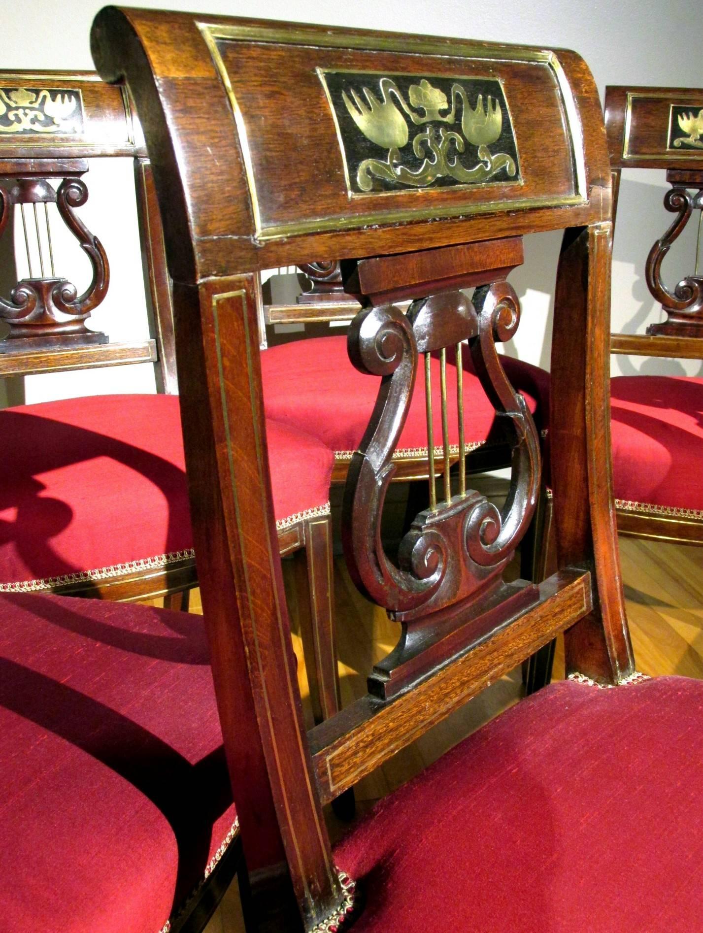 Inlay An Exceptional Set of Six Inlaid Directoire Period Mahogany Dining Chairs For Sale