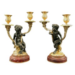 Antique Superior Pair of 19th Century Patinated & Parcel Gilt Bronze Figural Candelabra