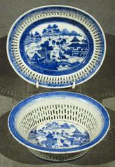 19th Century Chinese Export Blue & White Porcelain Chestnut Basket & Flat