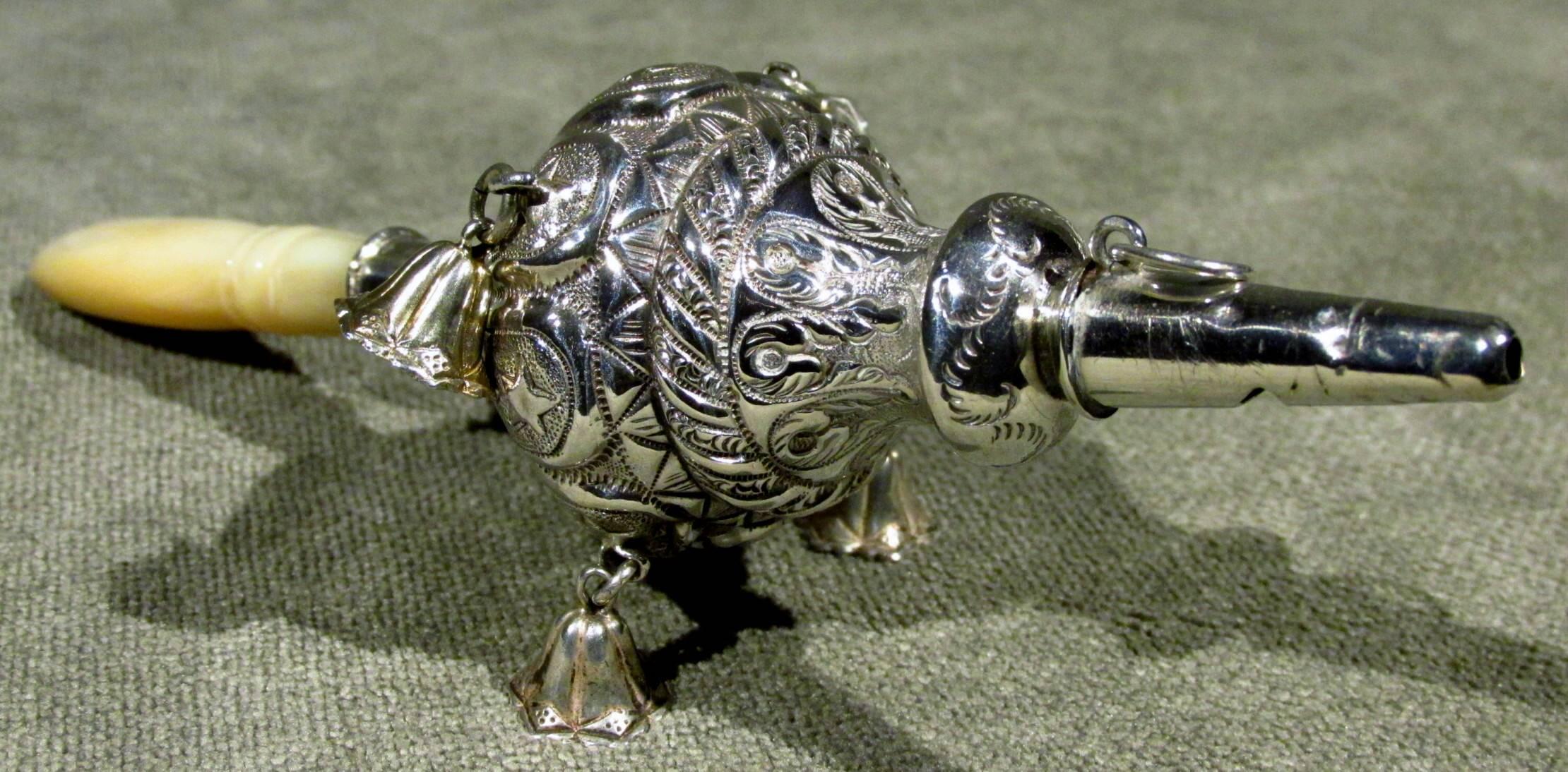 Fine 19th Century French Silver (.800 Fine) and Mother-of-Pearl Baby's Rattle In Good Condition In Ottawa, Ontario