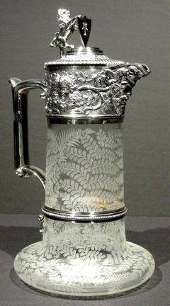 Exceptional 19th Century Etched Glass and Silver Plated Claret Jug by Elkington