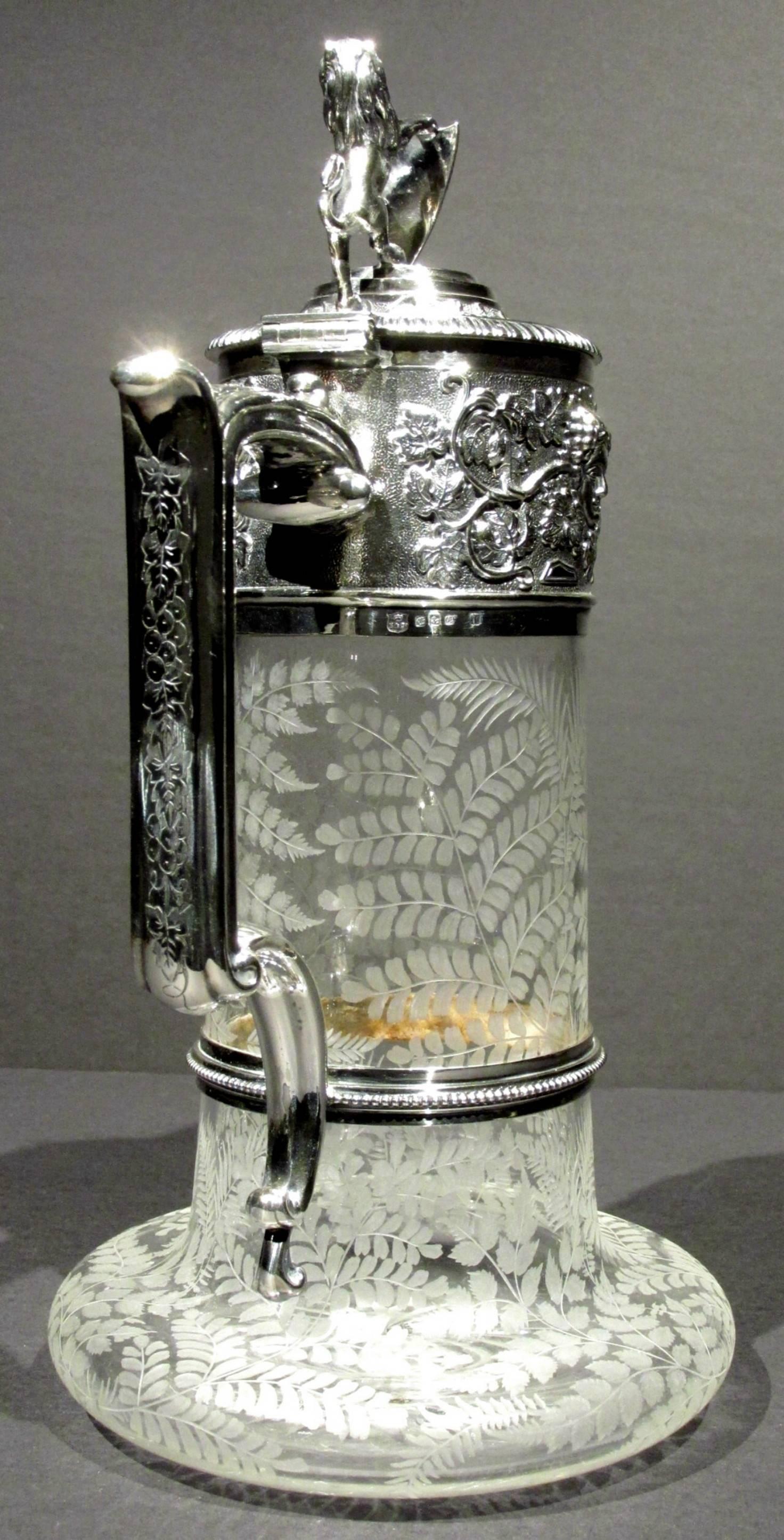 Victorian Exceptional 19th Century Etched Glass and Silver Plated Claret Jug by Elkington