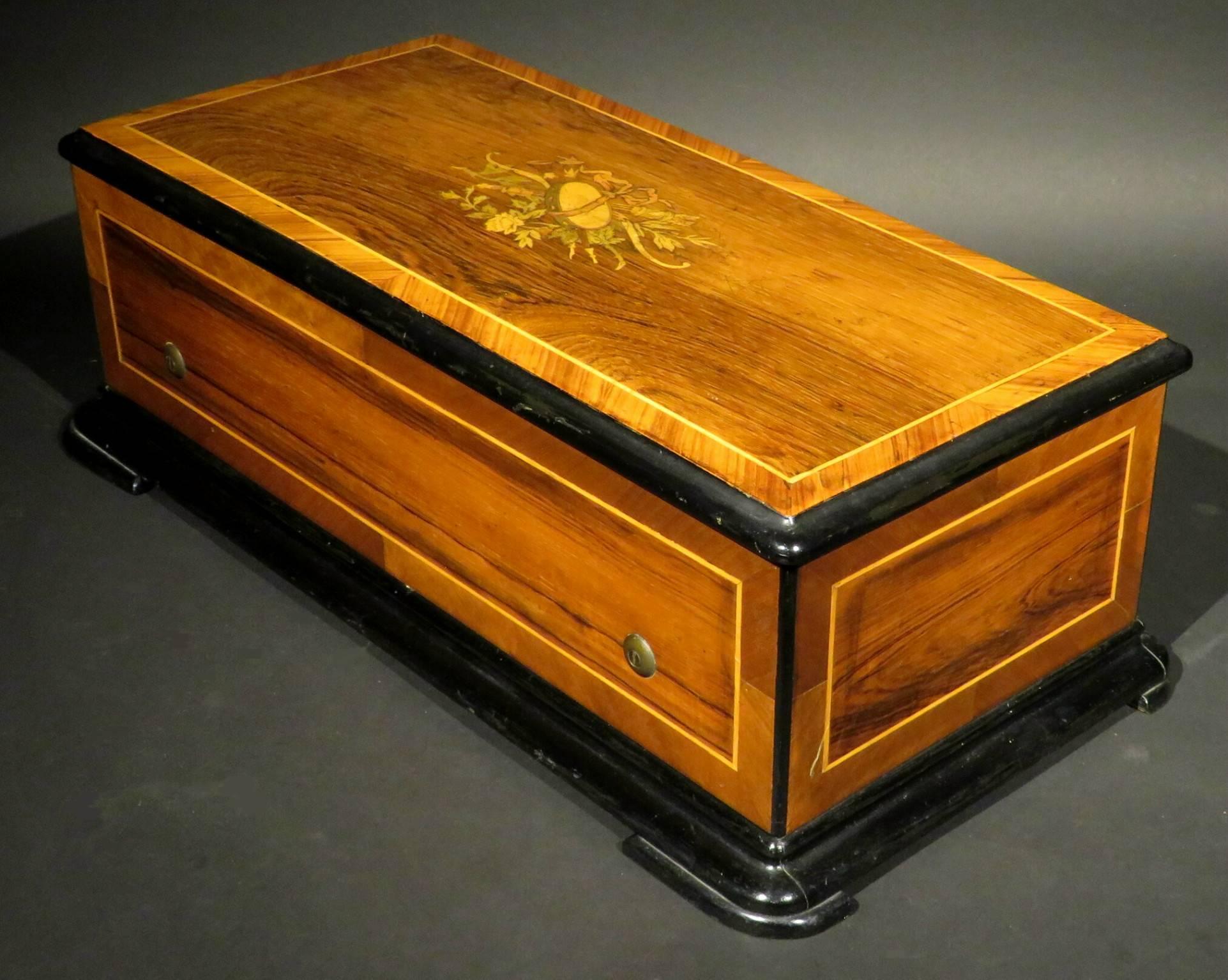 Marquetry Very Fine Rosewood, Kingwood and Part Ebonized Music Box, Swiss circa 1870