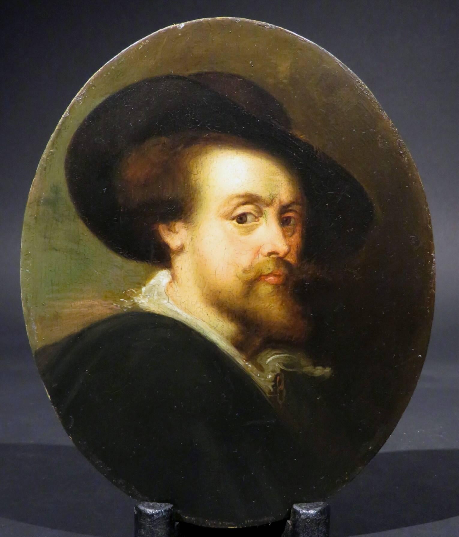 A finely executed 19th century rendering of a portrait of Sir Peter Paul Rubens in the manner of Rubens, oil on artist board, mounted within an oval giltwood mat and frame. 
Dimensions of oval panel, 8.25” x 6.25” 
Frame dimensions, 13.75” x 11.5”.
