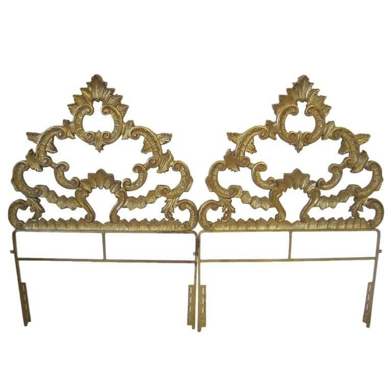 Hollywood Regency Pair of Gilded Gold Cast Iron Headboards