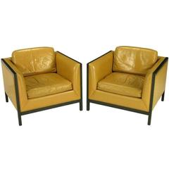 Vintage Pair of Stow Davis Leather, Ebonized Wood and Aluminium Even Armchairs