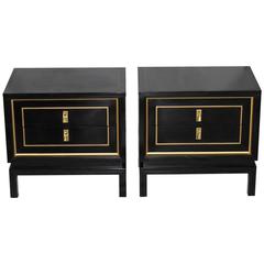 Pair of American of Martinsville Black and Gold Lacquered Nightstands