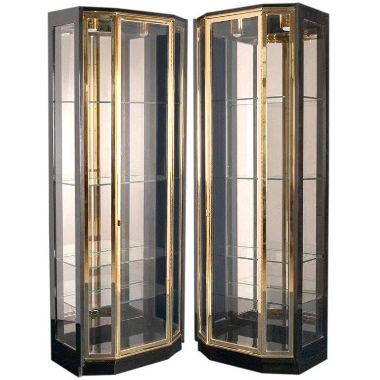 Pair of Black Lacquered and Brass Display Cabinets by Henredon For Sale