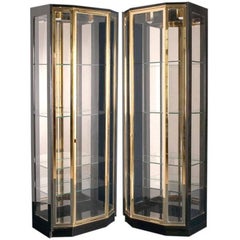 Pair of Black Lacquered and Brass Display Cabinets by Henredon