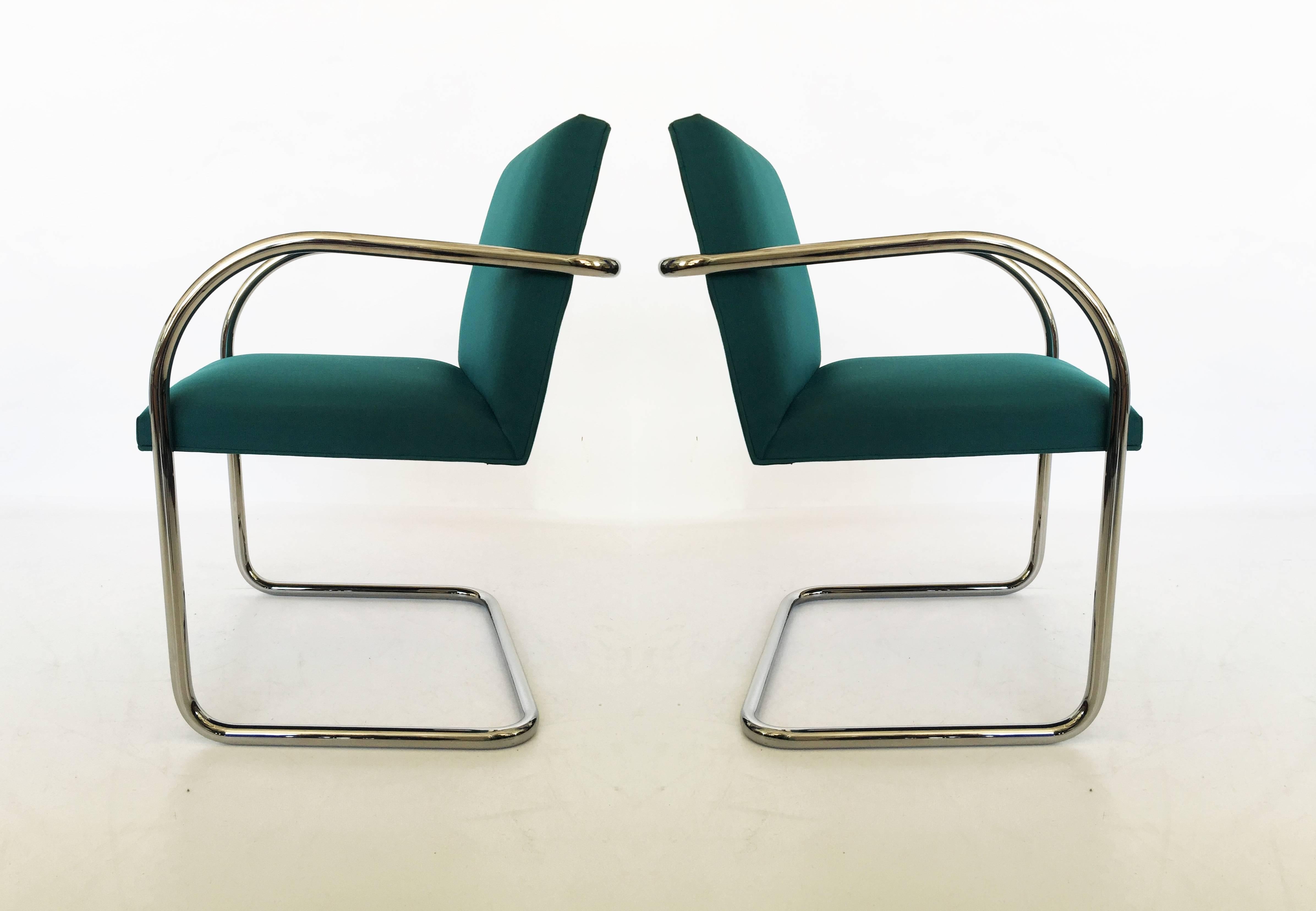 A great set of ten tubular Brno chairs by Mies van der Rohe for Knoll. Chrome is in great condition. Upholstery can be used as is or re-upholstered.