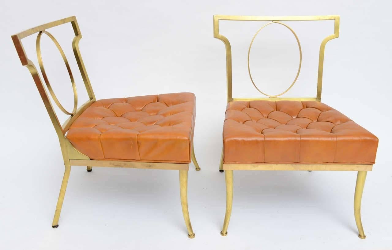 American Hollywood Regency Pair of Leather and Brass Chairs by William Billy Haines For Sale