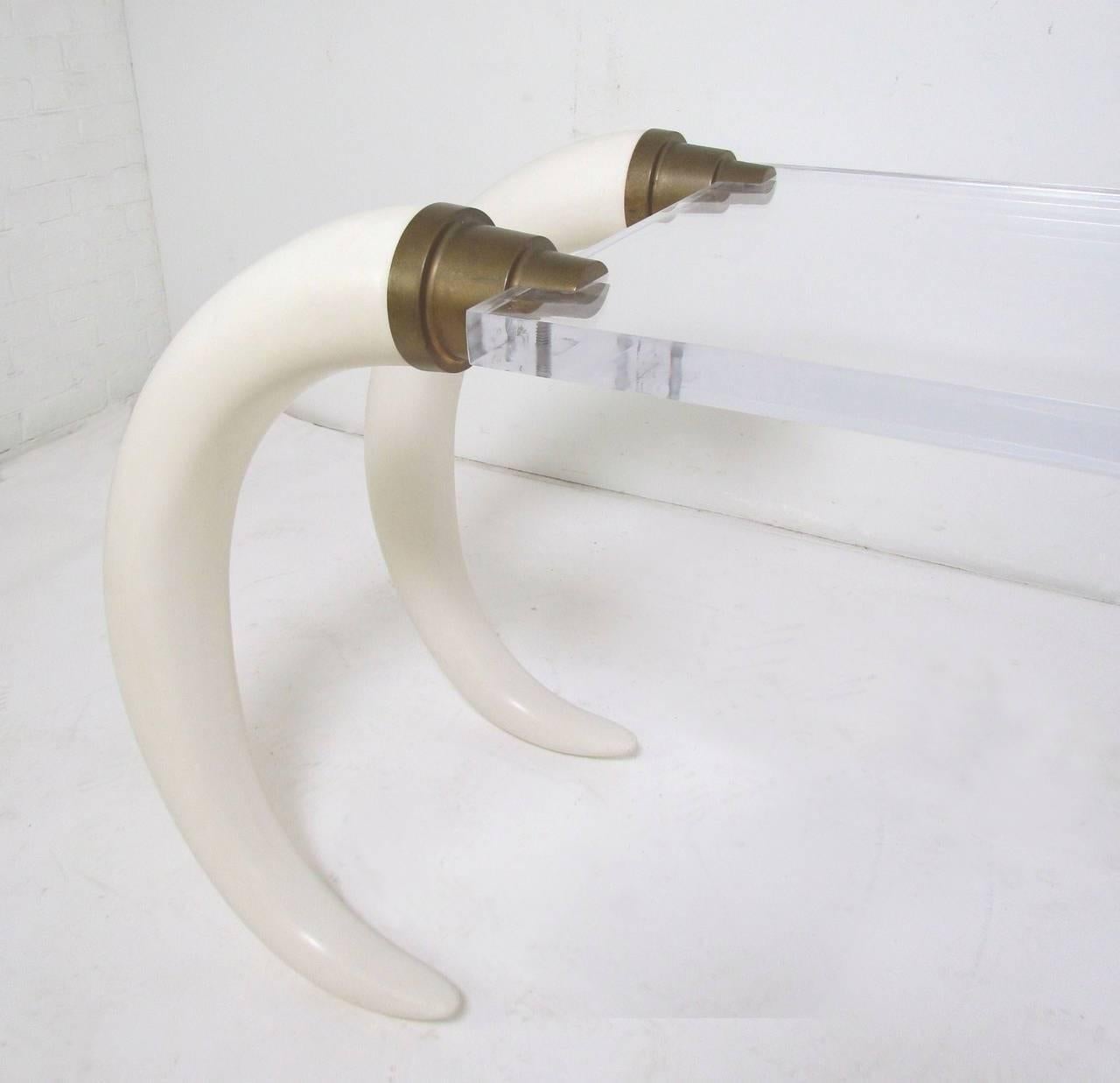 American Karl Springer Style Faux Elephant Tusk and Lucite Table For Sale