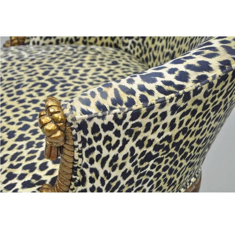 Napoleon III Style Gilded Leopard Print Rope and Tassel Chair and Ottoman In Excellent Condition For Sale In Dallas, TX