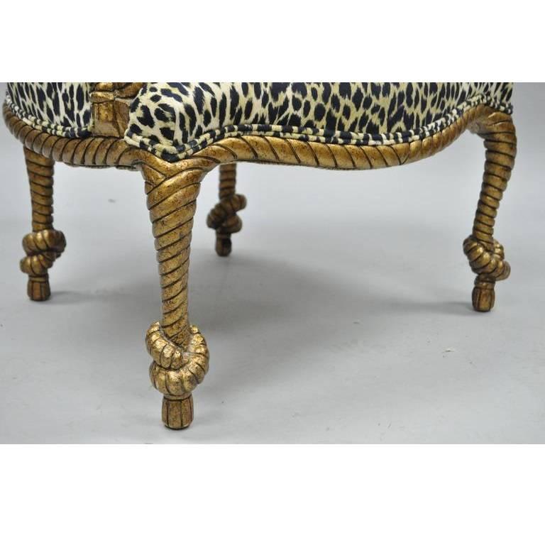 Hollywood Regency Napoleon III Style Gilded Leopard Print Rope and Tassel Chair and Ottoman For Sale