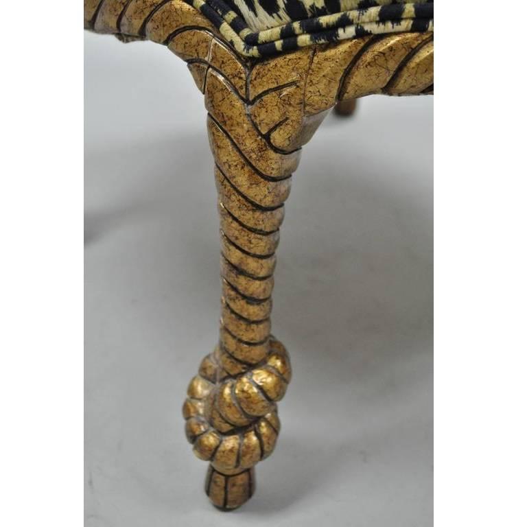 Italian Napoleon III Style Gilded Leopard Print Rope and Tassel Chair and Ottoman For Sale