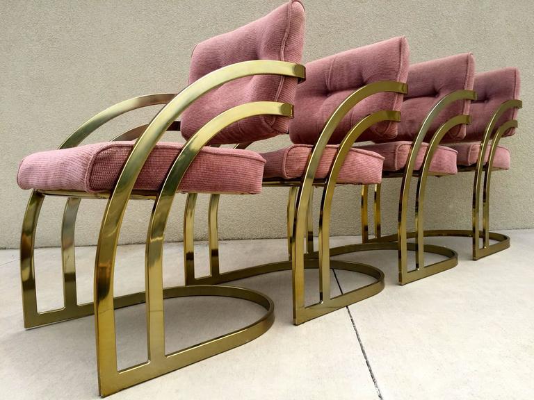 Four Milo Baughman Style Cantilever Brass Dining Chairs For At Hollywood Regency Four Milo Baughman Style Cantilever Brass Dining Chairs For
