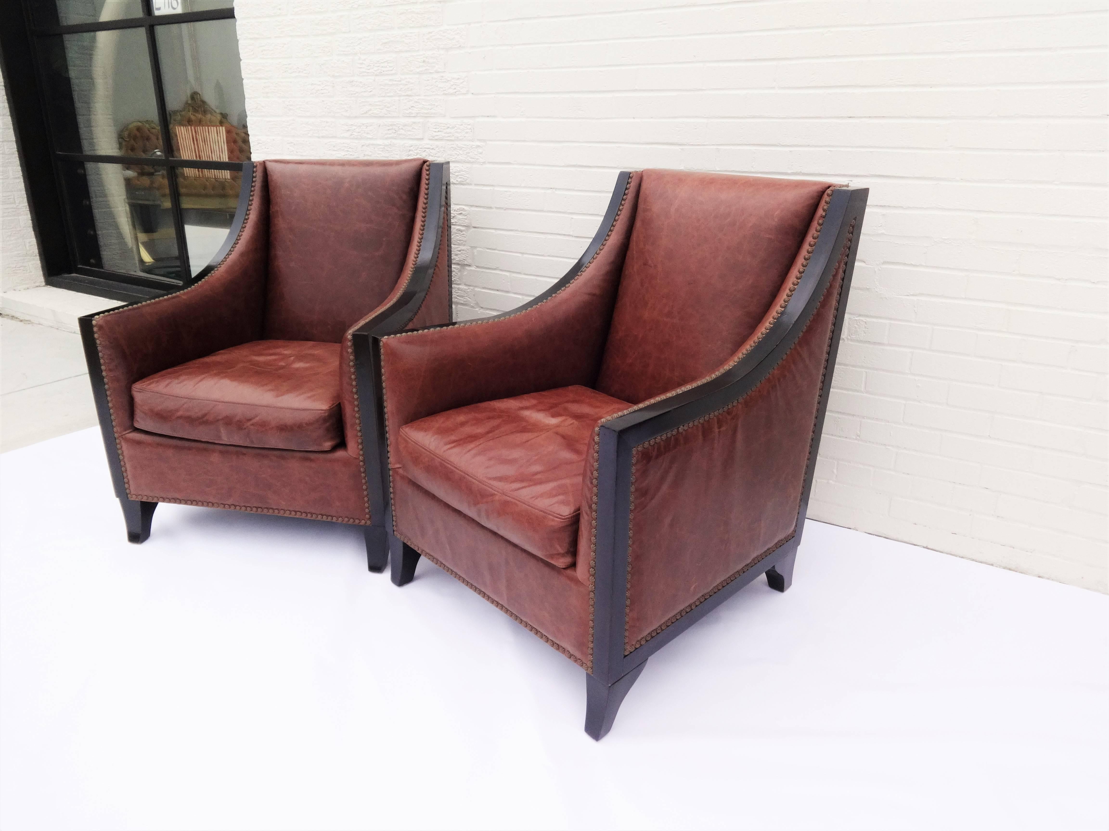 Pair of High Back Leather Club Chairs In Good Condition For Sale In Dallas, TX