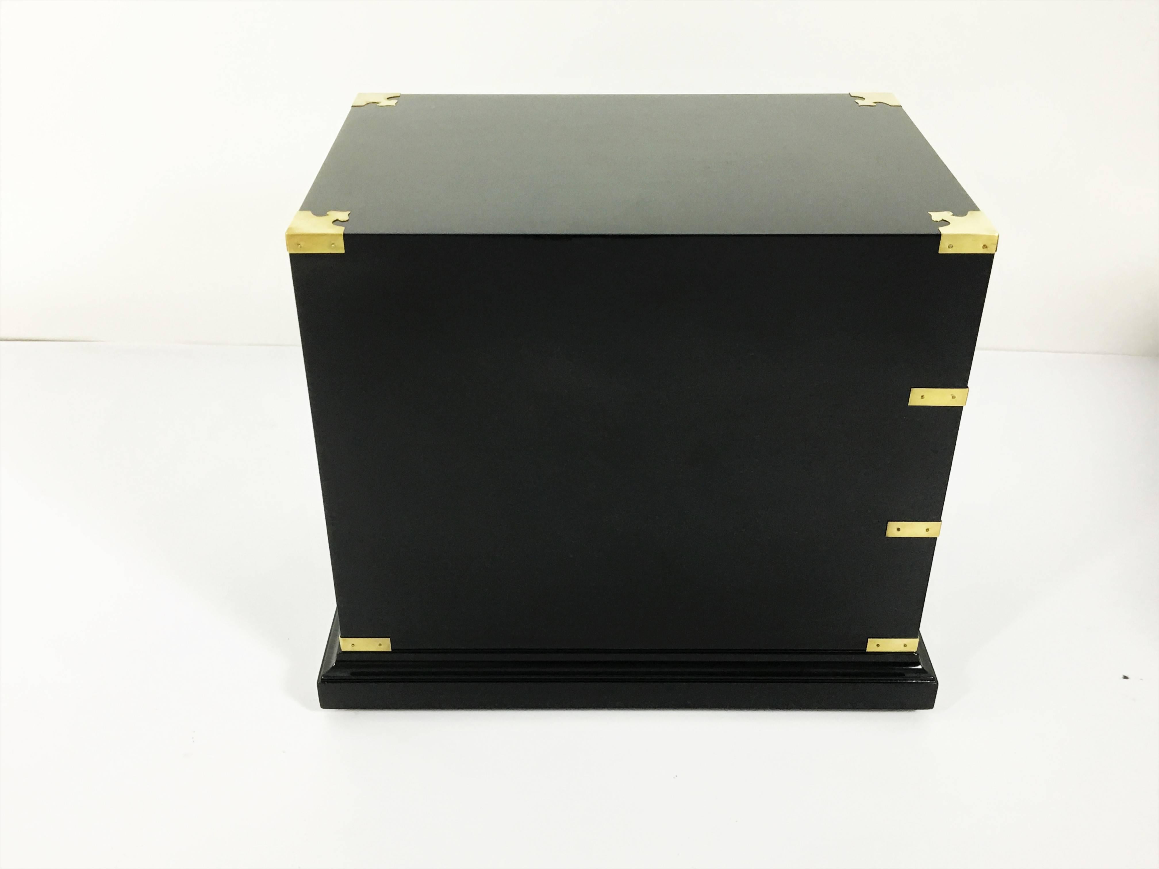 Brass Pair of Campaign Style Ebonized Side Tables For Sale