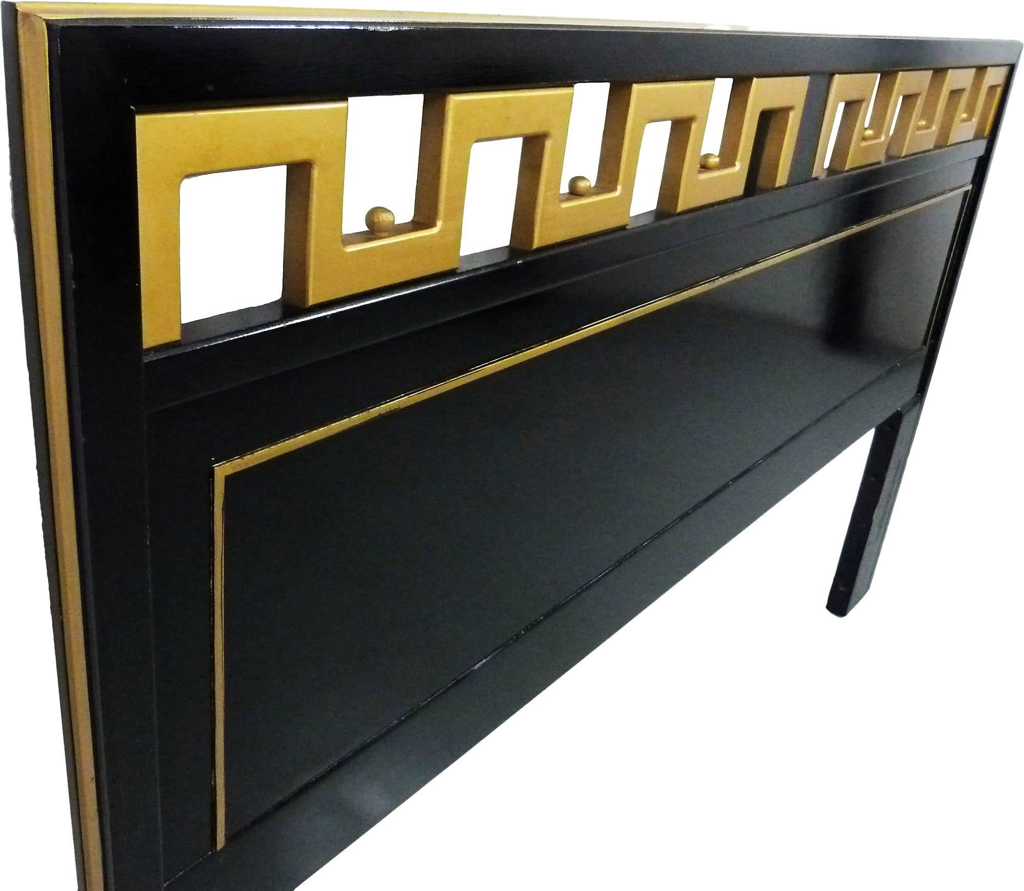 Mid-Century black lacquered and gold trim with Greek key detailed king headboard, by American of Martinsville.