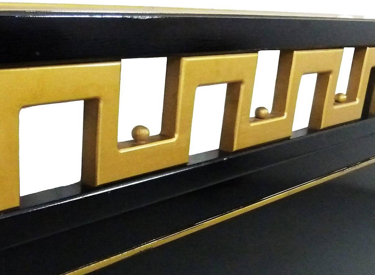 American Greek Key Black & Gold Lacquered King Headboard For Sale