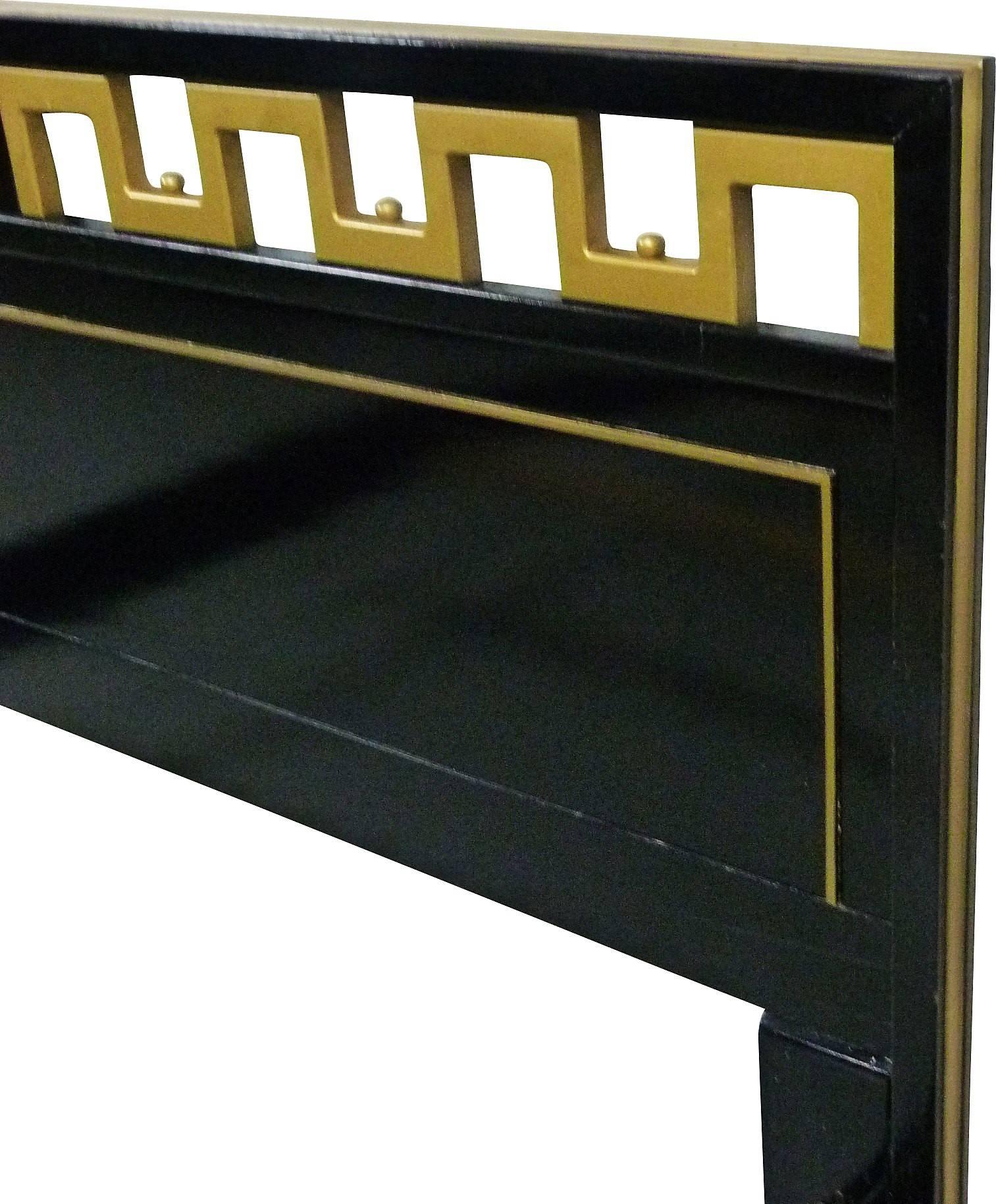 Wood Greek Key Black & Gold Lacquered King Headboard For Sale