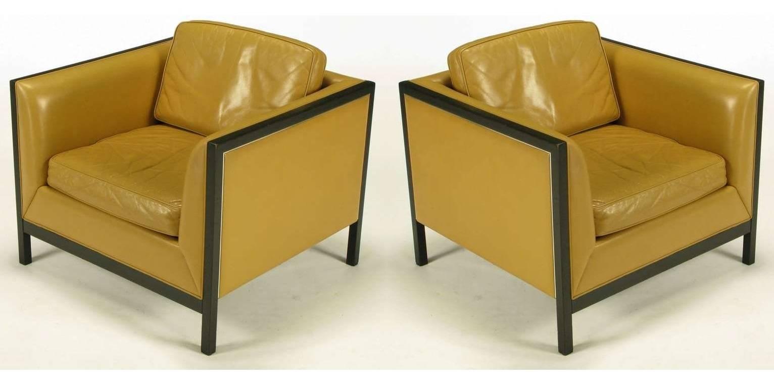 American Pair of Stow Davis Leather, Ebonized Wood and Aluminium Even Armchairs For Sale