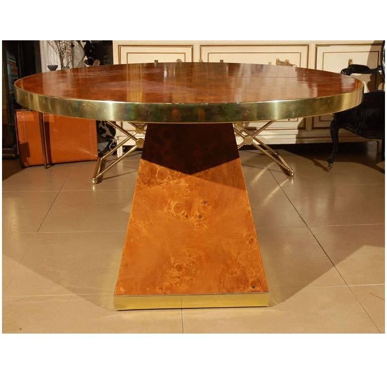 French Burl Wood and Brass Dining Table by Pierre Cardin