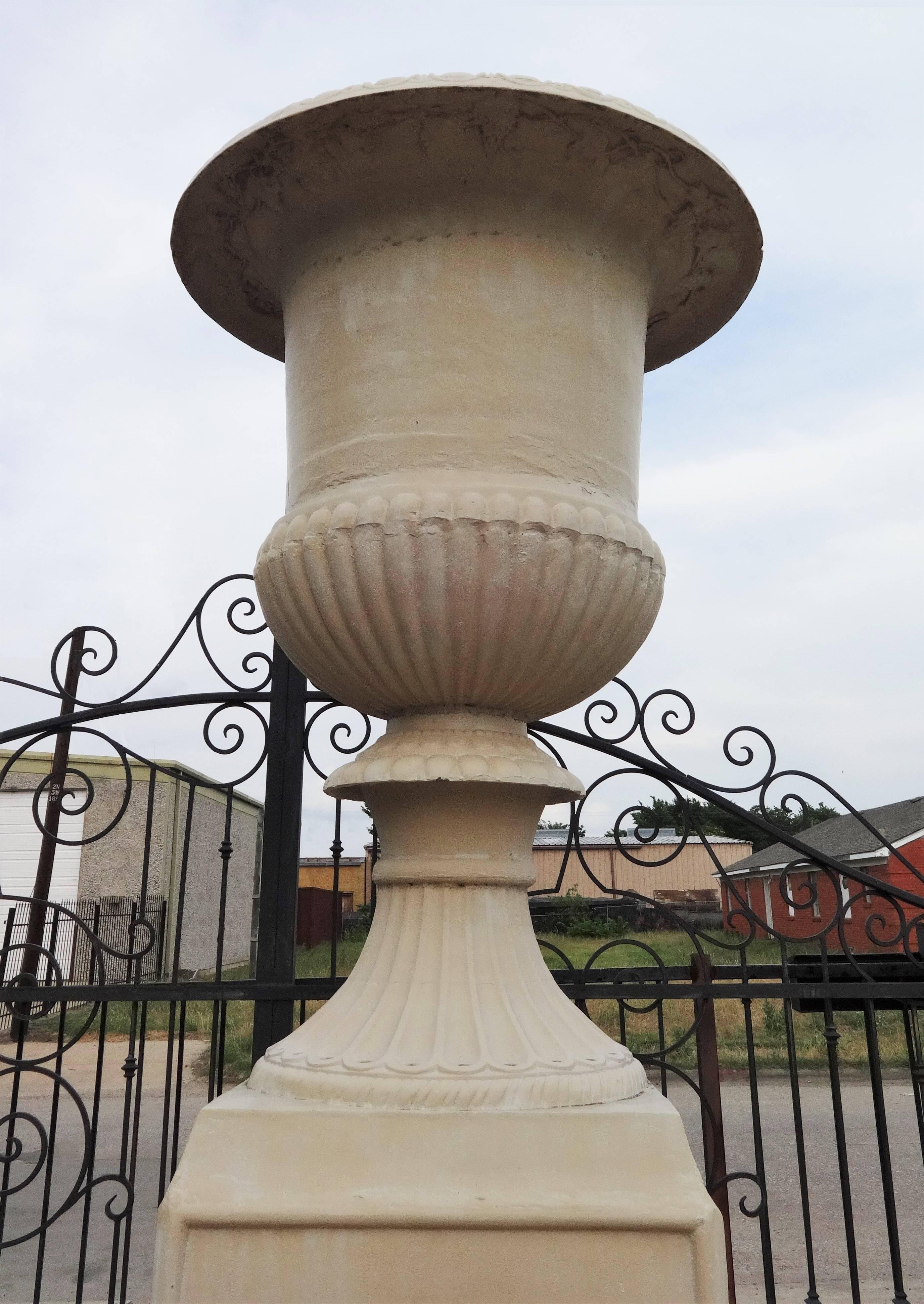 Extravagant Classic Cast Iron Urn on Plinth In Excellent Condition For Sale In Dallas, TX