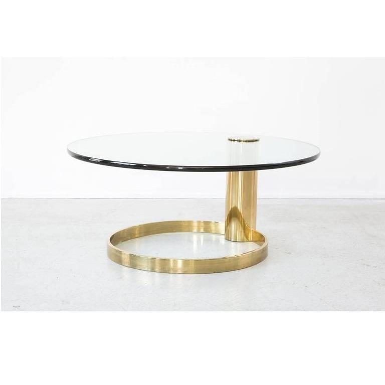 Modern Round Brass And Glass Cantilevered Coffee Table By John A Large Uniquely Engineered Cantilevered Brass Coffee Table Designed By John Mascheroni For Swain The