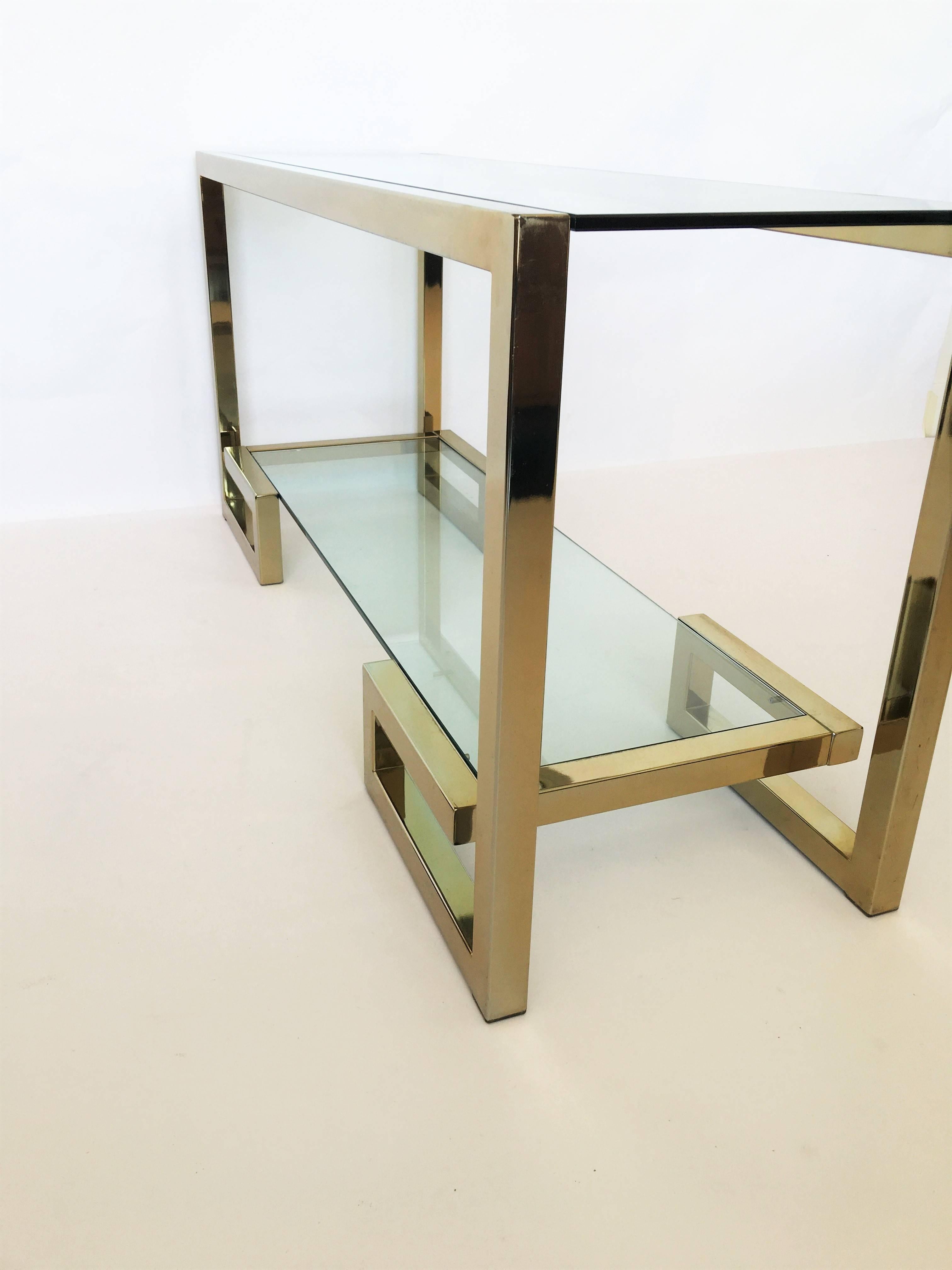 American Brass Milo Baughman Style Console with Two Shelves, 1970s For Sale