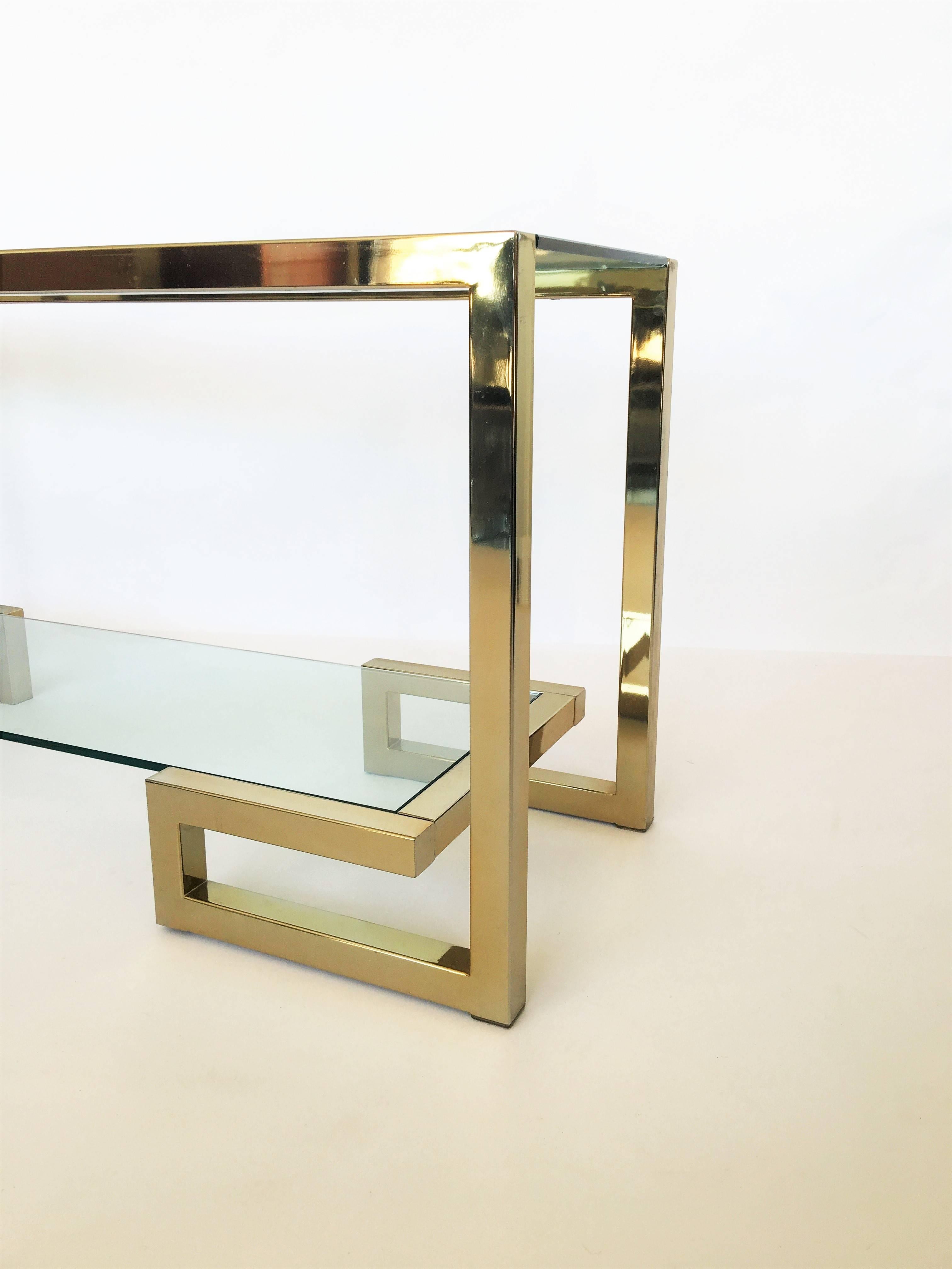 Modern Brass Milo Baughman Style Console with Two Shelves, 1970s For Sale