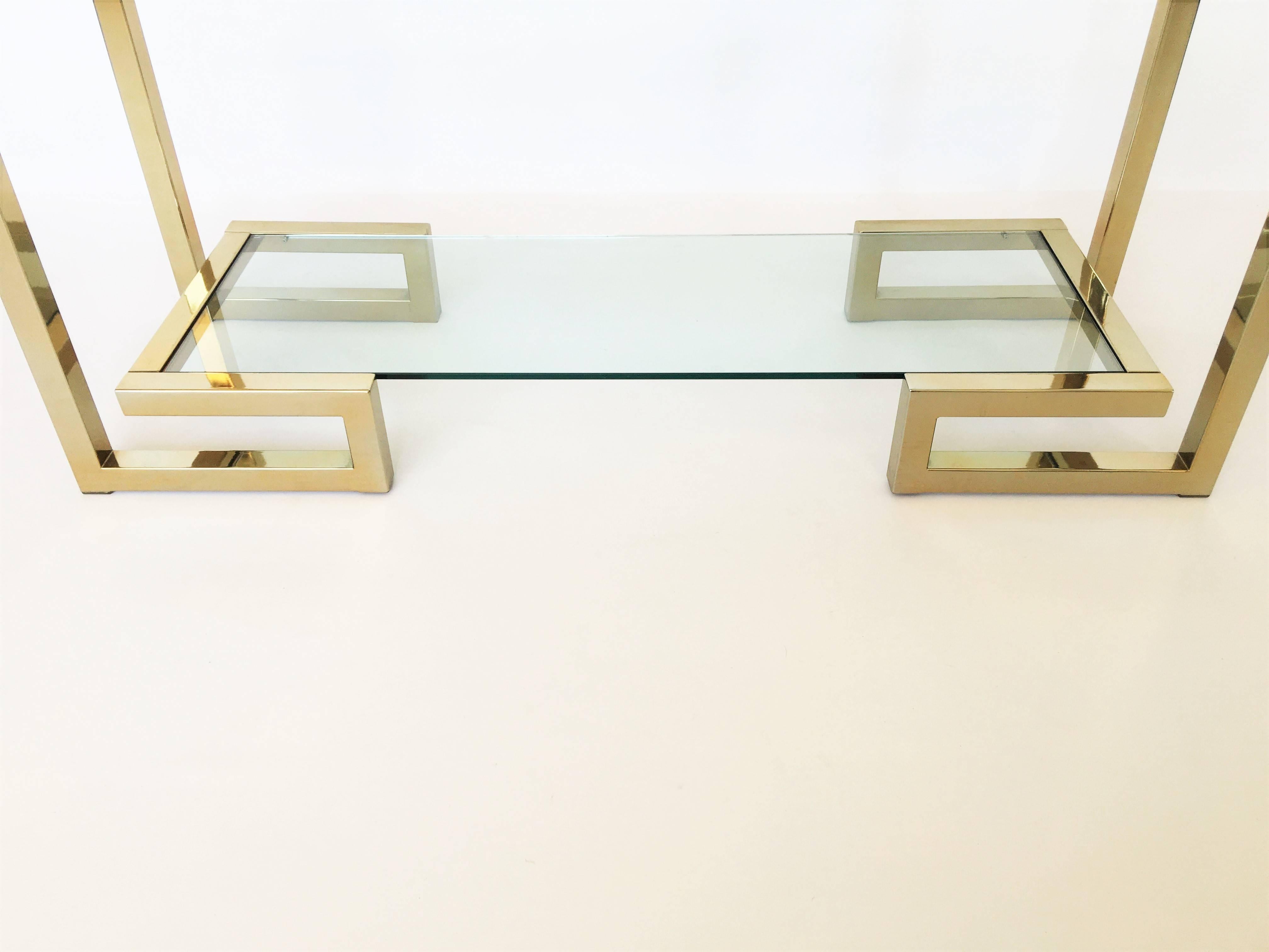 Brass Milo Baughman Style Console with Two Shelves, 1970s In Excellent Condition For Sale In Dallas, TX