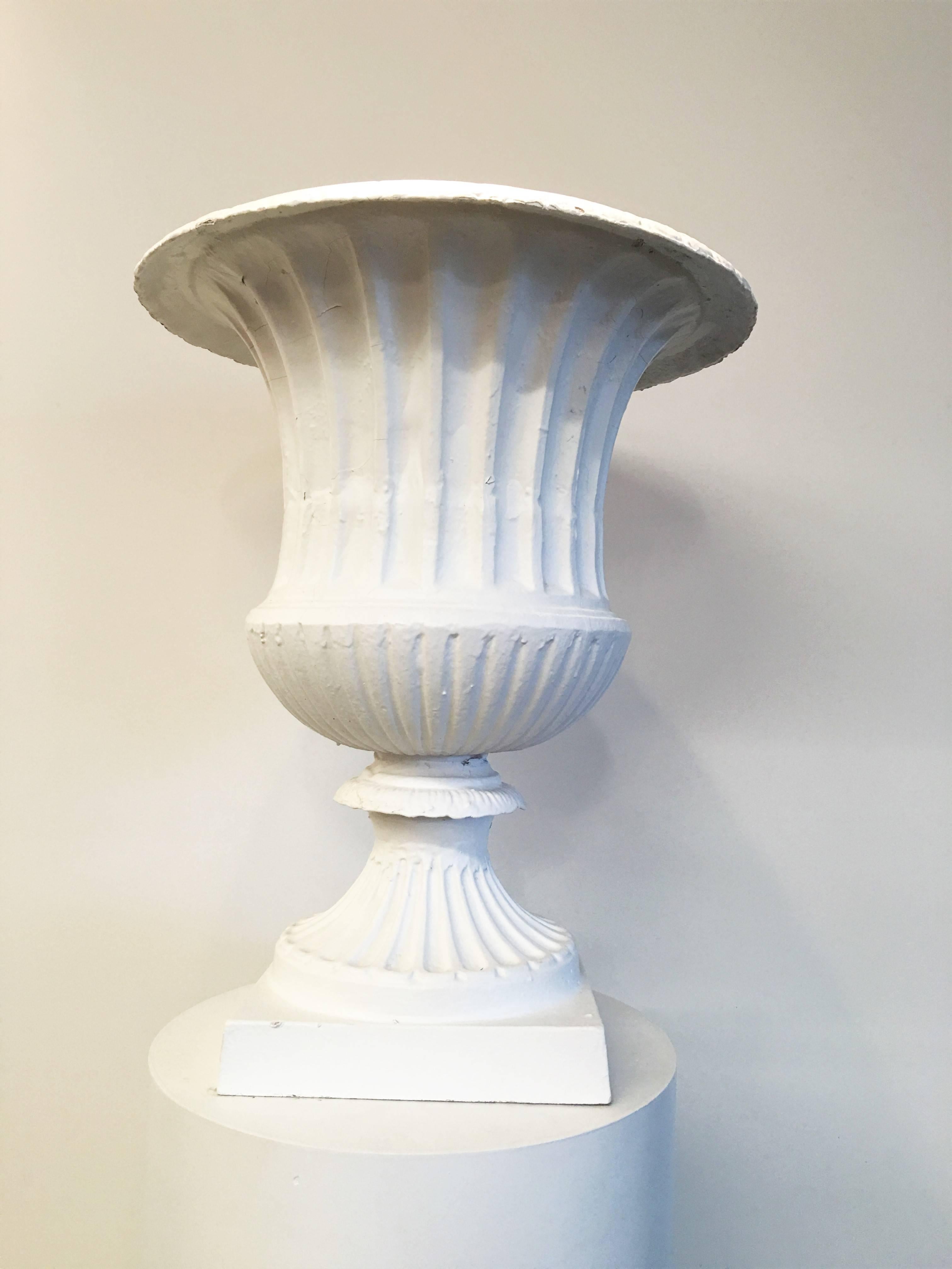 Pair of Large Architectural Cast Iron Urns on Stands For Sale 5