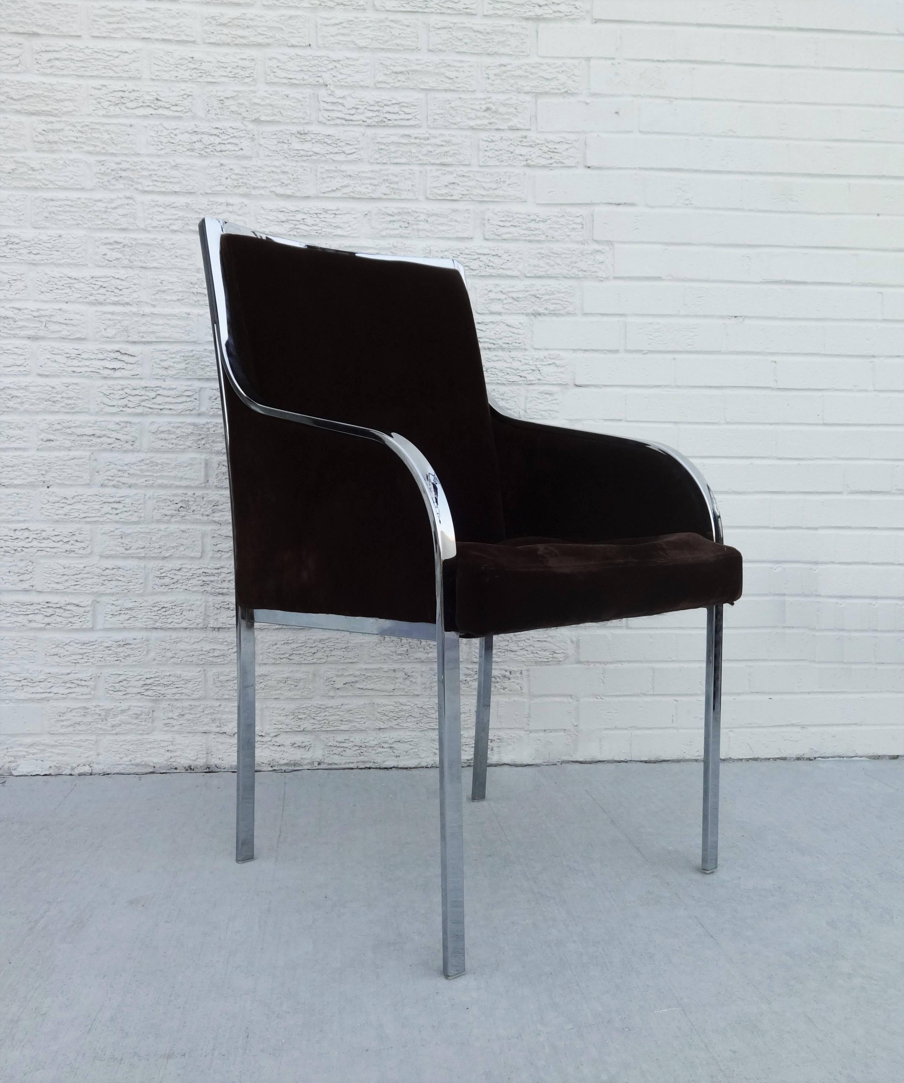 1970s beautiful set of six chrome frame dining chairs by Dillingham in the style of Milo Baughman are ready to be reinvented. Featuring chrome frame dining chairs with dark brown color upholstery. There are two arm chairs and four side chairs. The