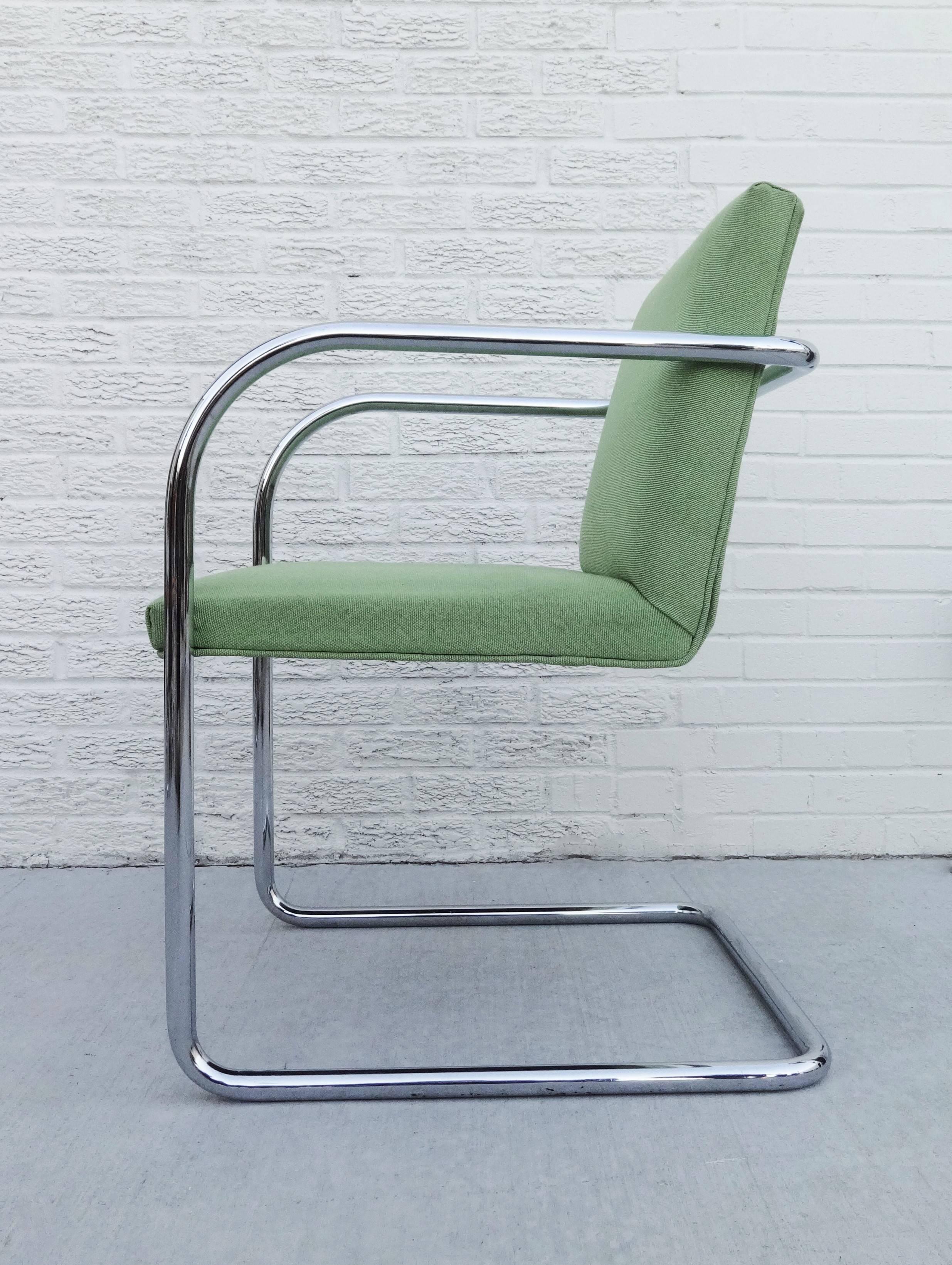 A set of six 'Brno' model dining armchairs designed by German architect Ludwig Mies van der Rohe for Knoll, circa 1980s. These chairs came out from the executive offices of Neiman Marcus, Downtown Dallas Tx.

Featuring four chair seats and backs