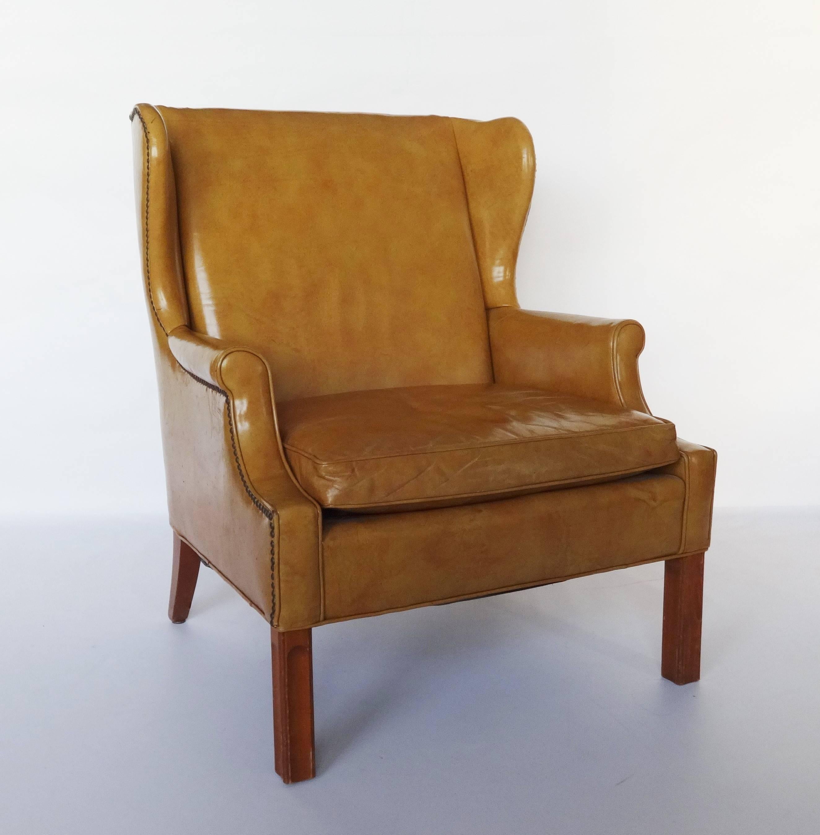 Pair Large Leather Wingback Armchairs In Good Condition In Dallas, TX