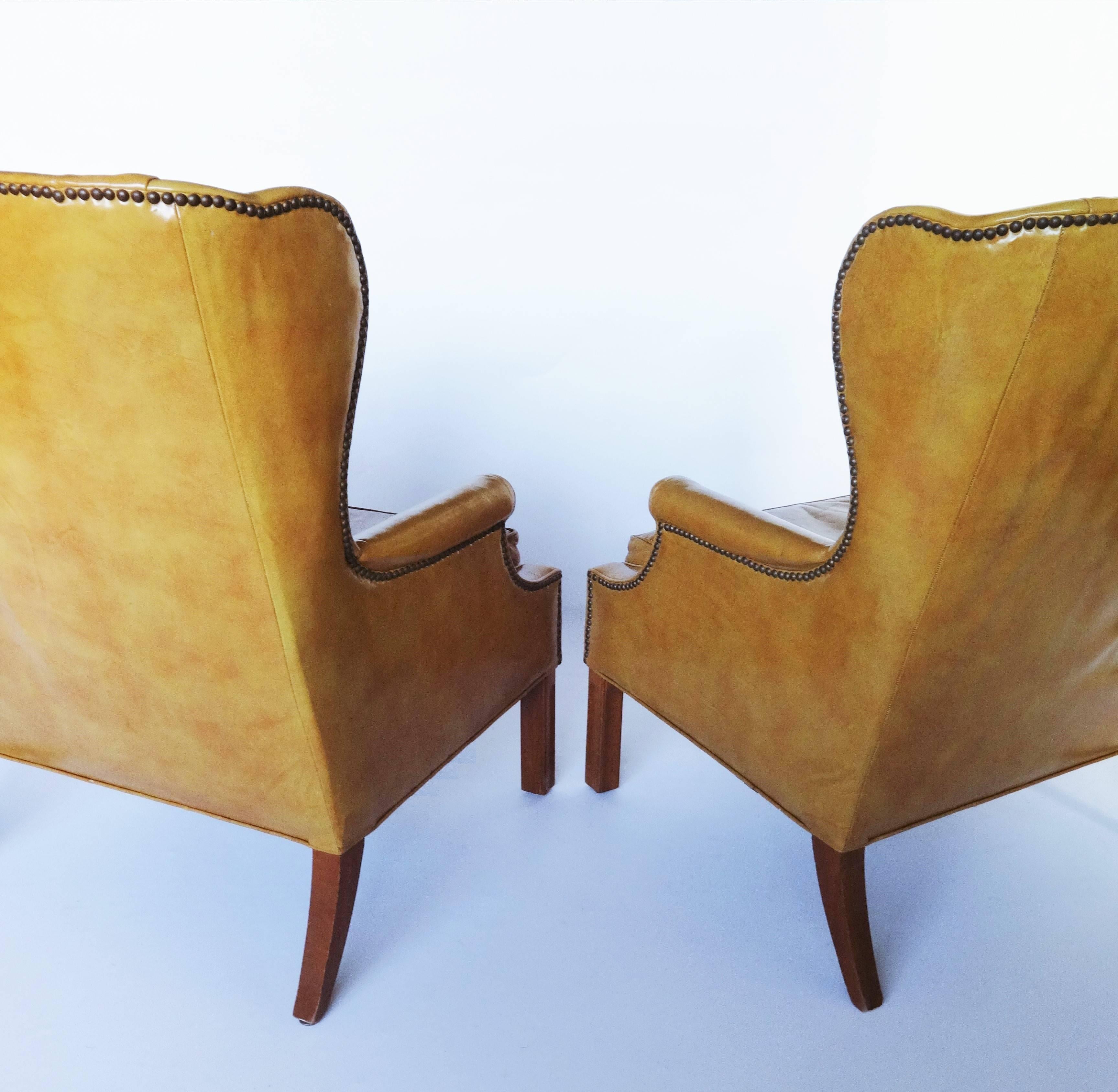 20th Century Pair Large Leather Wingback Armchairs