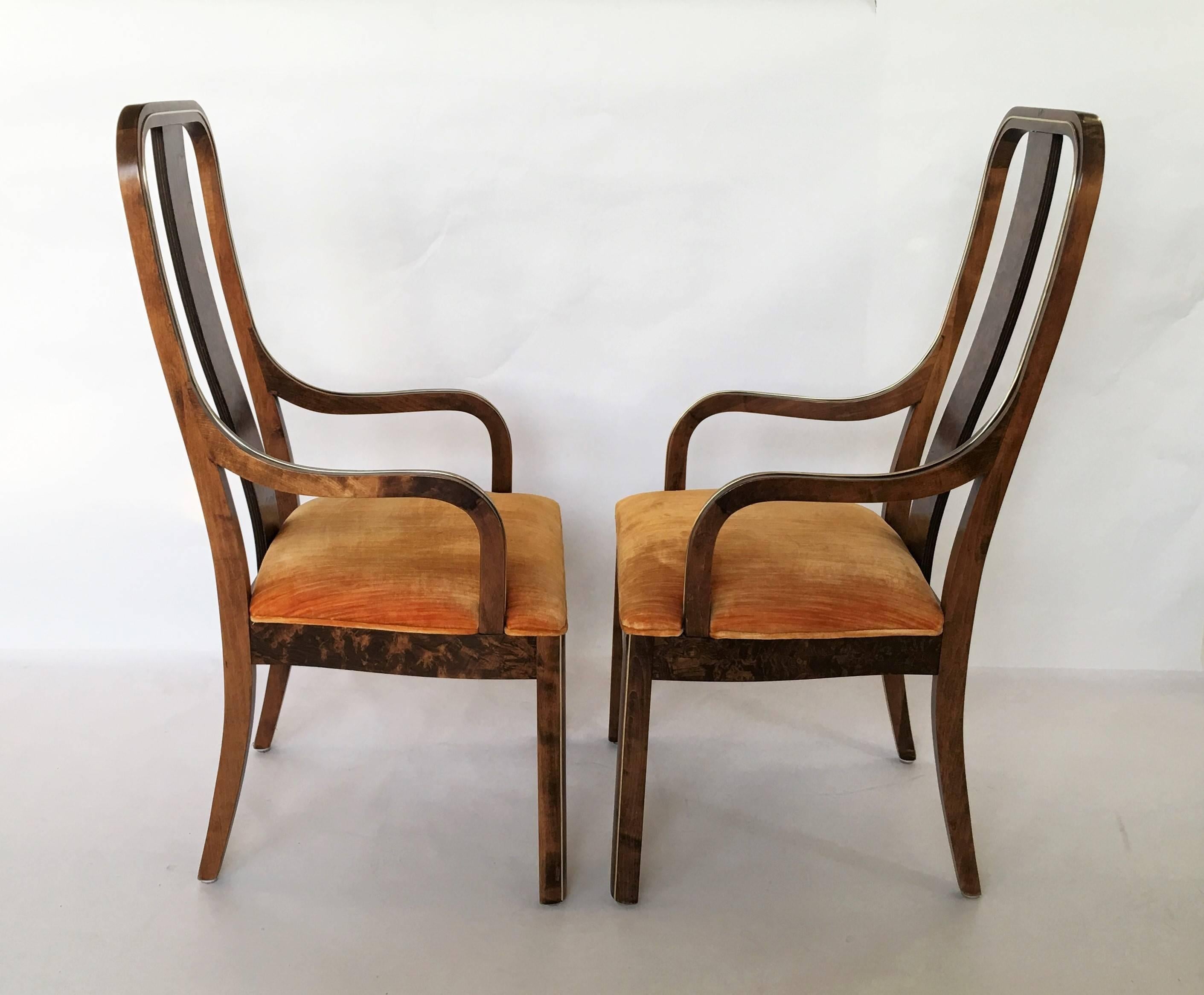 Set of Six Burl Wood and Brass Dining Chairs by Century Furniture In Excellent Condition For Sale In Dallas, TX