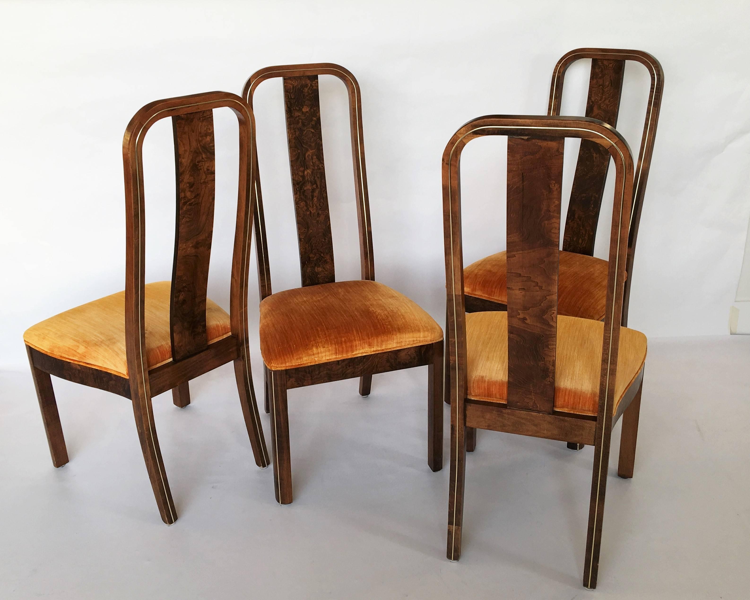 Late 20th Century Set of Six Burl Wood and Brass Dining Chairs by Century Furniture For Sale