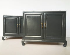 Pair of Modern Lacquered Cabinets with Brass Pulls and Marble Tops